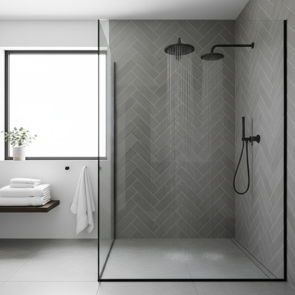 Frameless glass shower detail close-up